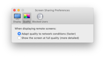 Screen Sharing, Preferences, Quality (macOS 10.14).