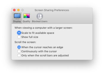 Screen Sharing, Preferences, Display (macOS 10.14).