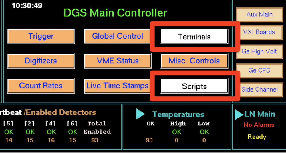 DGS Main Controller with Terminals and Scripts buttons highlighted